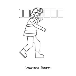 Desenho para colorir de um bombeiro animado carregando uma escada