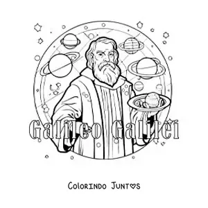 Desenho para colorir de Galileu Galilei animado com os planetas