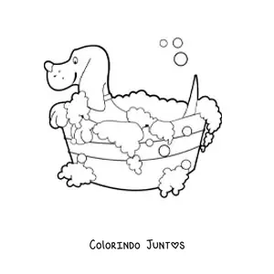 Desenho para colorir de um cachorro tomando banho em um balde cheio de bolhas