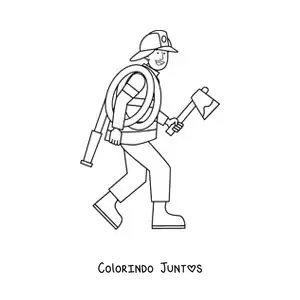 Desenho para colorir de um bombeiro animado com uma mangueira e um machado