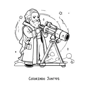 Desenho para colorir de Galileu Galilei animado olhando atraves de um telescopio