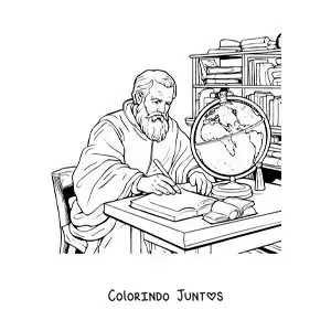 Desenho para colorir de Galileu Galilei estudando em uma escrivaninha