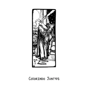 Desenho para colorir de uma caricatura de Galileu Galilei com um telescopio