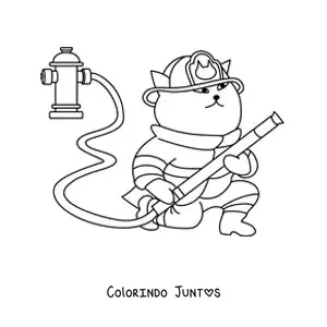 Desenho para colorir de um gato bombeiro animado segurando uma mangueira