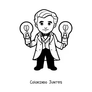 Desenho para colorir de Thomas Edison animado kawaii com duas lampadas