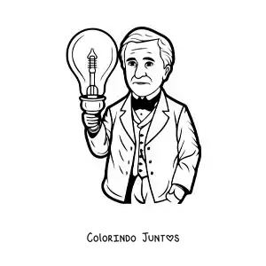Desenho para colorir de uma caricatura de Thomas Edison com uma lampada