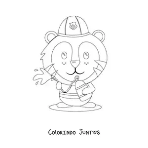 Desenho para colorir de um tigre bombeiro animado apagando um incêndio