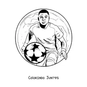 Desenho para colorir de Kylian Mbappe animado com uma bola de futebol