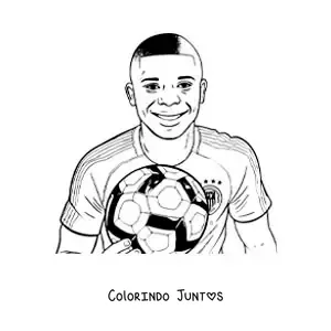 Desenho para colorir de um retrato animado de Kylian Mbappe sorrindo com uma bola de futebol