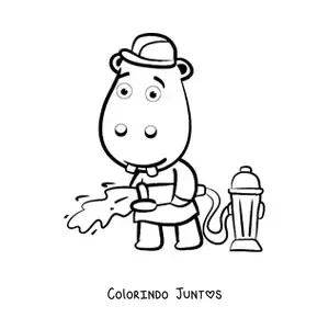 Desenho para colorir de um hipopótamo bombeiro animado apagando um incêndio
