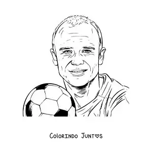 Desenho para colorir de um retrato de Andres Iniesta com uma bola de futebol em estilo realista
