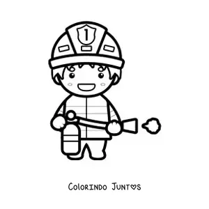 Desenho para colorir de um bombeiro kawaii com um extintor