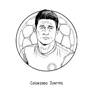 Desenho para colorir de um retrato de Robert Lewandowski em estilo realista com uma bola ao fundo
