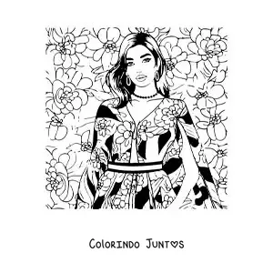 Desenho para colorir de Dua Lipa animada com um vestido e flores