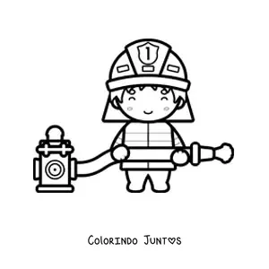 Desenho para colorir de um bombeiro kawaii com uma mangueira