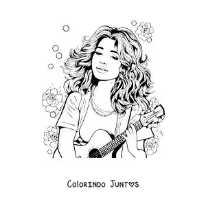 Desenho para colorir de caricatura de Selena Gomez com um violao e flores