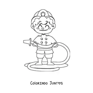 Desenho para colorir de um menino bombeiro com mangueira