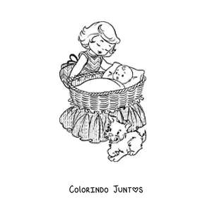 Desenho para colorir de uma menina e um cachorro junto a um bebê em um berço