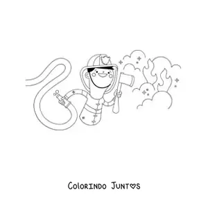 Desenho para colorir de um bombeiro animado em um incêndio