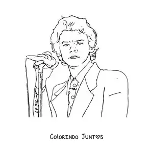 Desenho para colorir de um retrato de Harry Styles cantando com um microfone em estilo realista