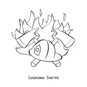 Desenho para colorir de um capacete de bombeiro com dois machados cruzados
