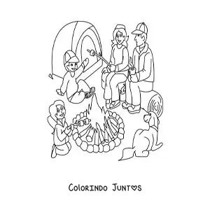 Desenho para colorir de uma familia animada em um acampamento