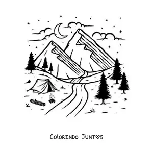 Desenho para colorir de uma barraca junto ao rio e as montanhas