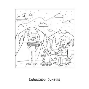 Desenho para colorir de duas criancas assando marshmallows junto a fogueira em um acampamento