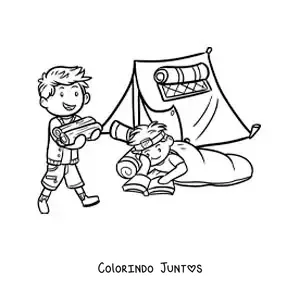 Desenho para colorir de duas criancas lendo junto a fogueira em um acampamento de verao