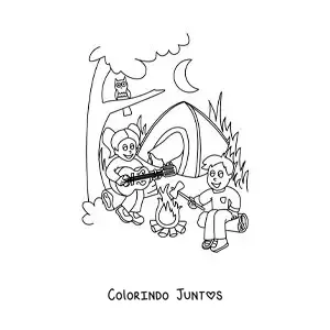 Desenho para colorir de duas criancas animadas cantando em um acampamento de verao