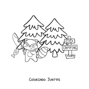 Desenho para colorir de um guaxinim animado pescando em um acampamento na floresta