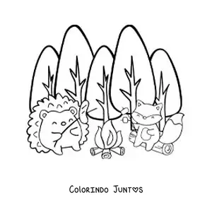 Desenho para colorir de animais kawaii em uma fogueira na floresta