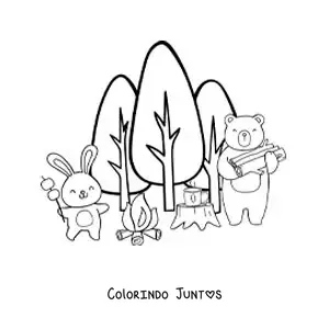 Desenho para colorir de animais animados em uma fogueira na floresta