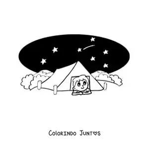 Desenho para colorir de um menino animado acampando à noite