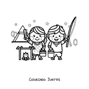 Desenho para colorir de um casal kawaii em um acampamento