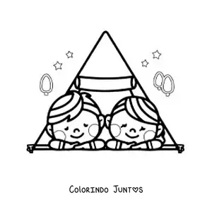 Desenho para colorir de um casal kawaii em uma barraca