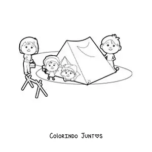 Desenho para colorir de uma familia kawaii em um acampamento