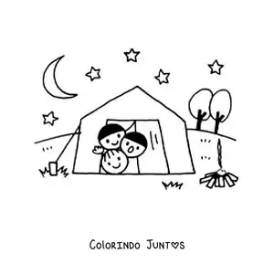 Desenho para colorir de criancas na barraca em um acampamento