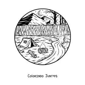 Desenho para colorir de um acampamento junto ao rio