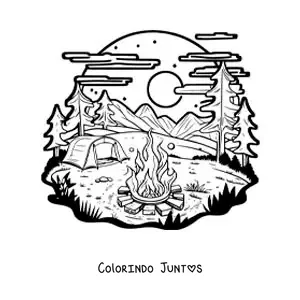 Desenho para colorir de uma barraca na floresta junto a uma fogueira