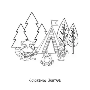 Desenho para colorir de um guaxinim animado acampando na floresta
