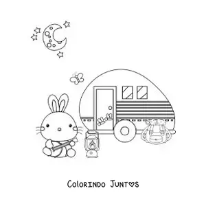 Desenho para colorir de um coelho animado acampando em um trailer