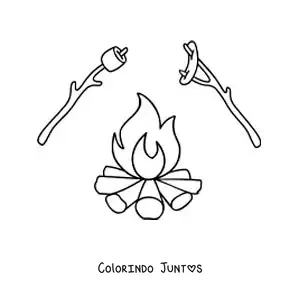 Desenho para colorir de uma fogueira com marshmallows e salsichas