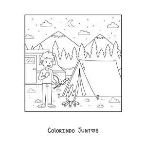 Desenho para colorir de um menino acampando comendo marshmallows junto a uma fogueira