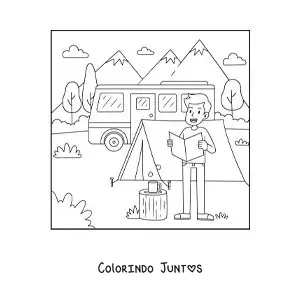 Desenho para colorir de um menino animado lendo um mapa em um acampamento
