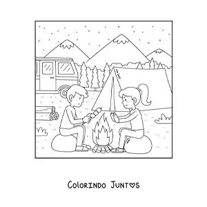 Desenho para colorir de uma menina e um menino junto a uma fogueira em um acampamento