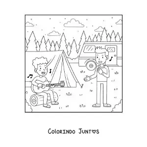 Desenho para colorir de duas criancas com um violao cantando em um acampamento