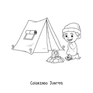 Desenho para colorir de um menino com frio em um acampamento