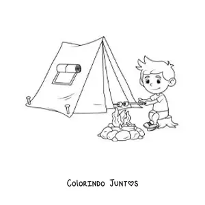 Desenho para colorir de um menino assando marshmallows junto a uma barraca