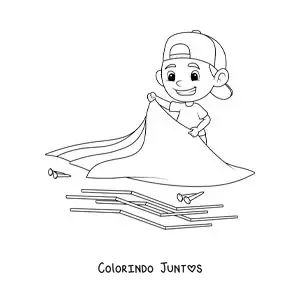 Desenho para colorir de um menino montando uma barraca